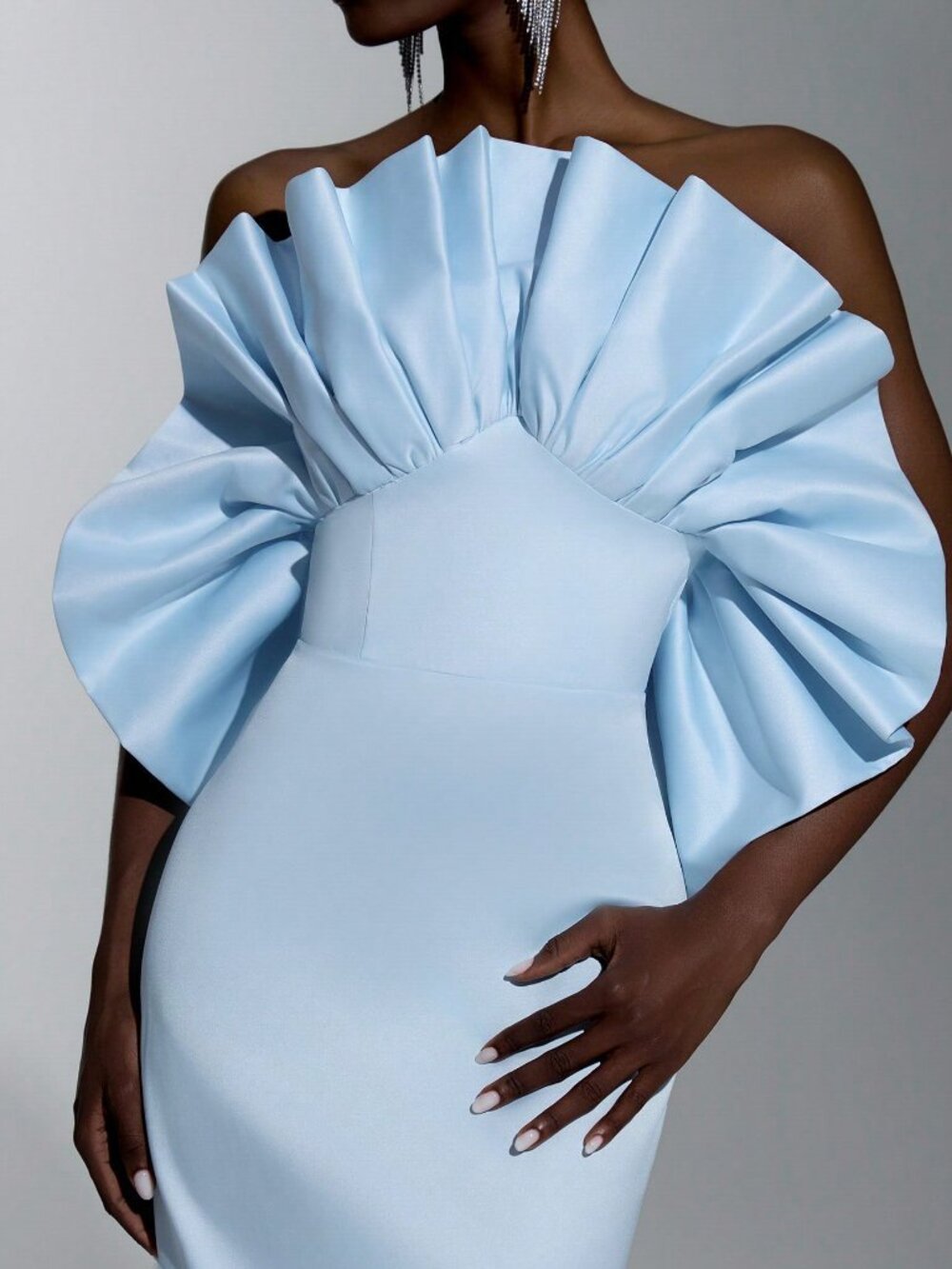 Baby Blue Elegant Women's Mermaid Evening Gown with Ruffle Off-Shoulder Train - Picture 7 of 7